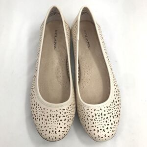 Solanz Cream Laser Cut Faux Leather Slip On Memory Foam Ballet Flats
